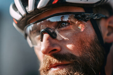 Male cyclist riding bicycle along pine forest trail, wearing helmet, backpack and cycling gloves. Mountain biking, adventure, active lifestyle, endurance, determination, wellness, vibrant