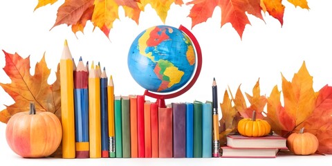 Back to School Autumn Frame with Books globe and Leaves – Watercolor Illustration
