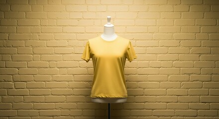 Yellow T-shirt Displayed on Mannequin Against Brick Wall