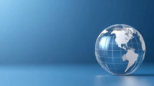Glass Globe on Blue: A crystal-clear glass globe rests on a serene blue background, symbolizing global interconnectedness and environmental awareness.