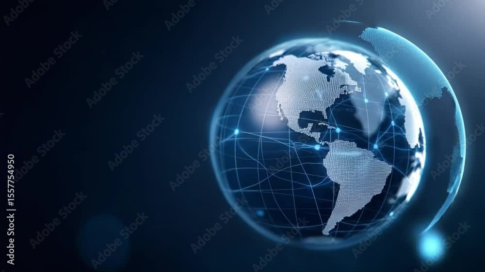 Poster global network connections: digital depiction of globe wrapped in network connections, highlighting 
