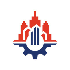 Red city skyline tops navy gear, a modern logo for construction or engineering themes