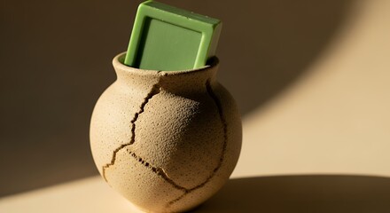 Crafted Vase Holding a Green Rectangular Bar with Natural Light