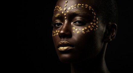 Close-up portrait of a woman with intricate gold face paint, showcasing African cultural artistry.