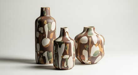 Three Pottery Vases with Abstract Pattern on White Background