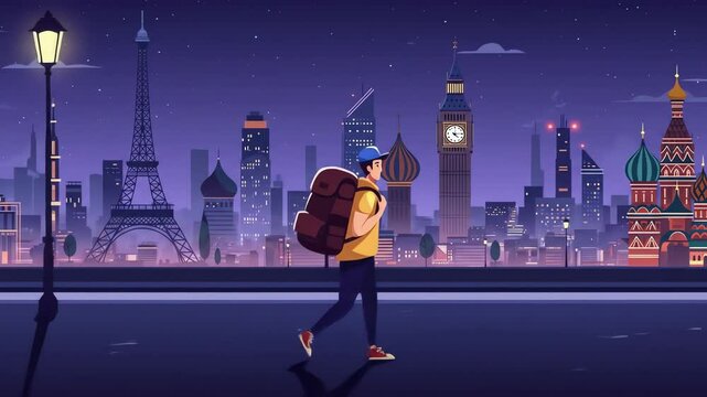 Cartoon of a backpacker walking at night with city landmarks in the background