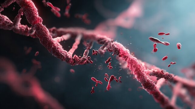 Stylized conceptual image of genetic mutation triggering cancer DNA strands unraveling broken bonds and scattered chromosomal fragments