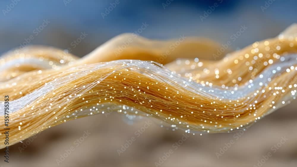 Poster Golden Fiber Waves: Abstract image of flowing golden fibers with sparkling particles, creating a luxurious and dynamic visual texture.