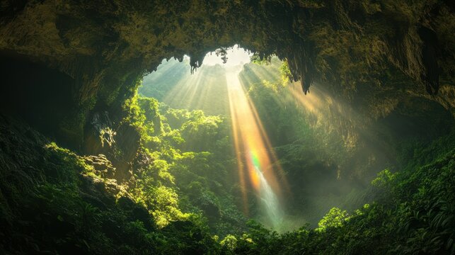 Sunlight streams into a lush cave
