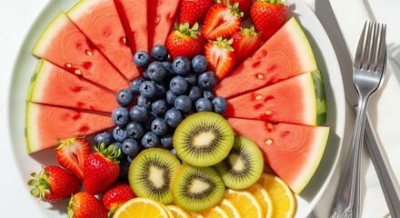 Arrangement of Fresh Fruits on Plate with Watermelon, Strawberry, Kiwi and Blueberry