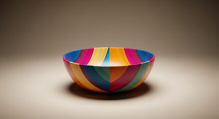 Colorful Striped Wooden Bowl on Neutral Background Still Life
