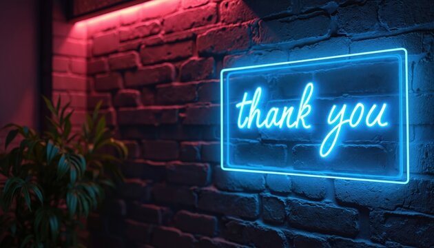 Neon sign Thank you glows, framed blue light. Background textured brick wall. Expressive sign for appreciation, gratitude, good vibes. Decor, modern urban aesthetics, message of positivity.