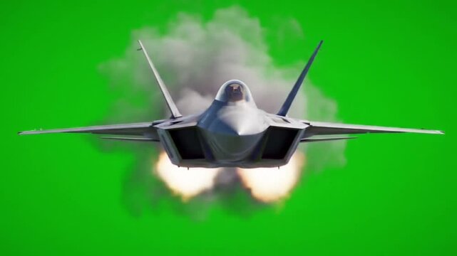 This is a VFX animation of a fighter jet exploding mid-flight against a green screen.