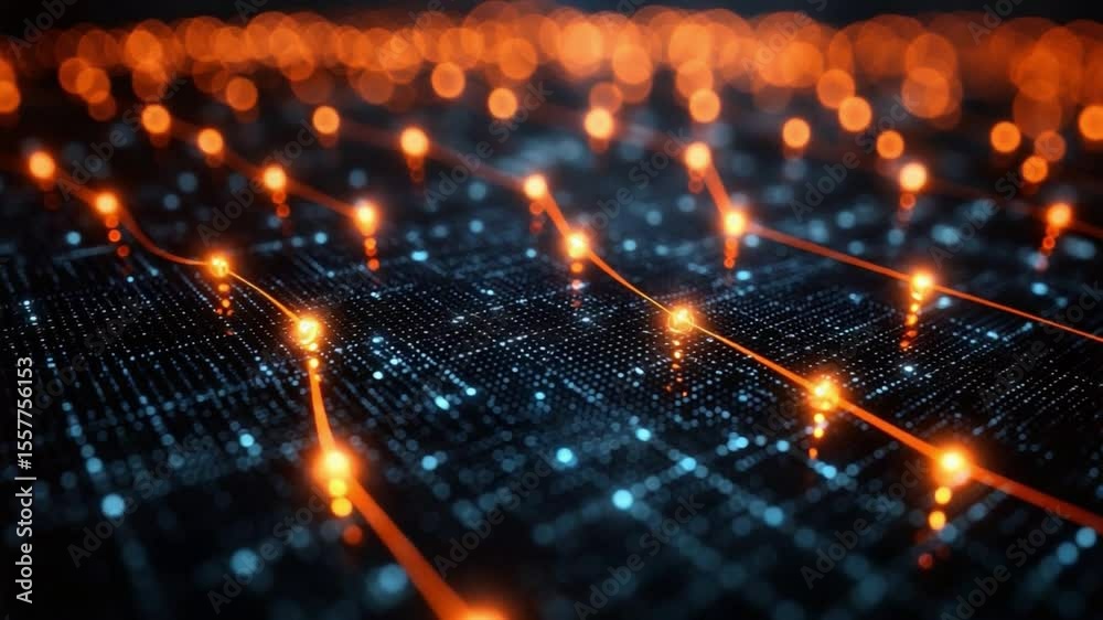 Poster Network Connections: Abstract digital network with glowing orange nodes and connecting lines, representing data flow and connectivity.