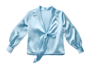 Elegant light blue satin blouse with a tie front detail isolated on transparent background