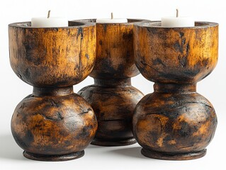Three wooden candle holders with a natural, rustic finish