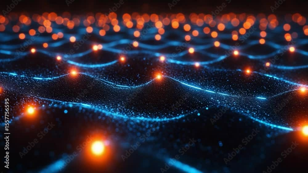 Poster Network of Lights: An artistic representation of a network of interconnected lights. Illuminated dots float amid softly glowing curves, an expression of futuristic and technology