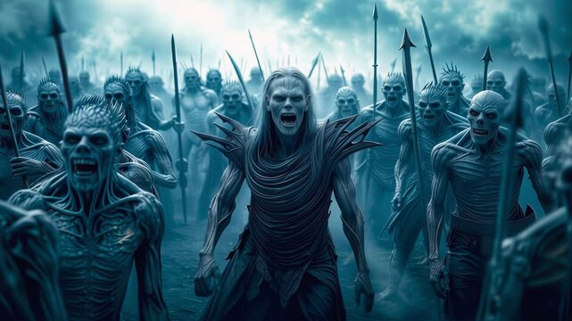 Army of rotting zombies walking forward to spread doom