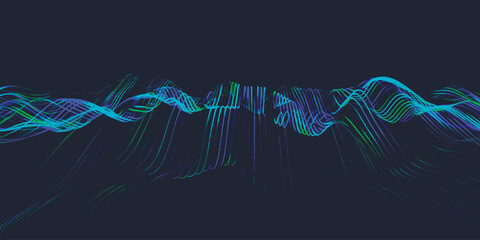 Abstract background with dynamic colorful wave. Futuristic dotted wave of bright particles. Colorful background for presentation design. Wide format vector illustration. Plexus effect