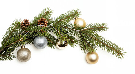 Obraz premium Christmas tree branch with pine cones and decorative ornaments isolated white background 