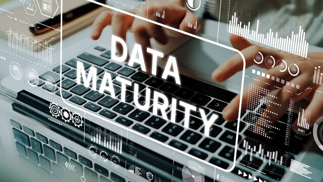 Conceptual representation of data maturity with digital interfaces and analytical graphics showcasing progress in data management. Asymptotic smart data analytic.