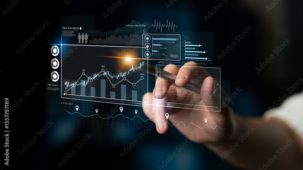 Poster high-tech data visualization dashboard for analytics and performance tracking, including data visual