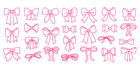 Big Set of simple decorative holiday ribbon bows for gifts, to decorate hair on white background. Bow outline for gift wrapping for birthday Isolated Flat Vector
