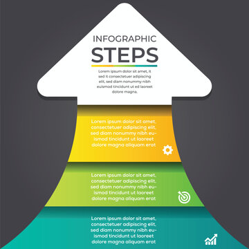 Modern arrow infographic with 3 colorful step banners and icons on dark background.