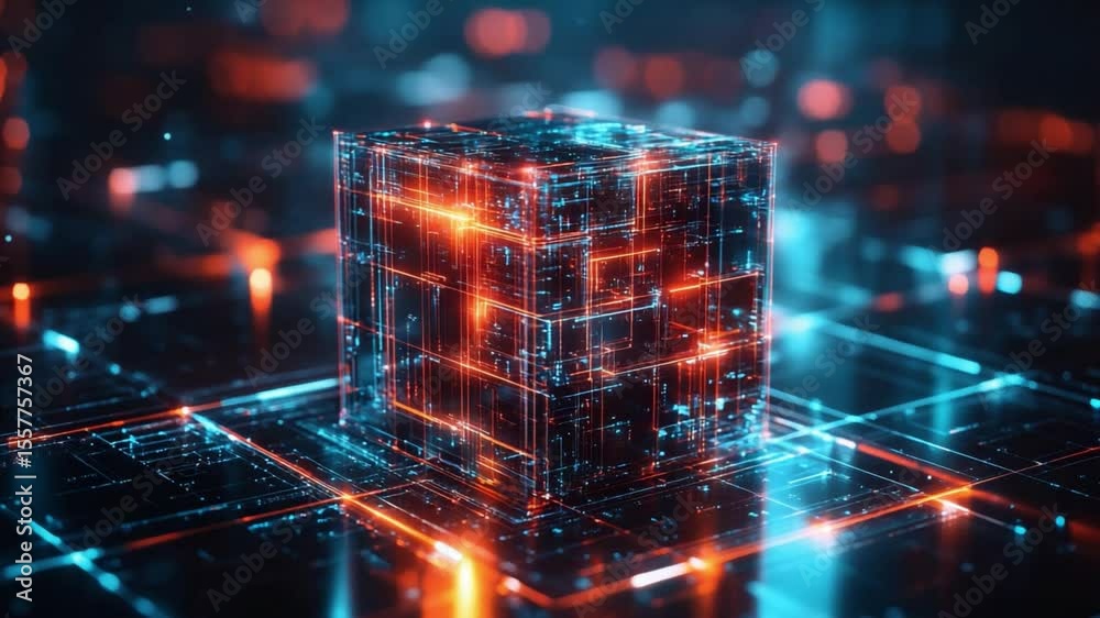 Poster Digital Cube: A hi-tech cube shimmers with blue and red energy on a tech surface, representing modern innovation.