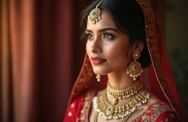 Young Indian woman, adorned in traditional bridal attire, radiates beauty. Intricate gold jewellery, elegant makeup, red dress. Image reflects cultural heritage, capturing grace of Indian wedding
