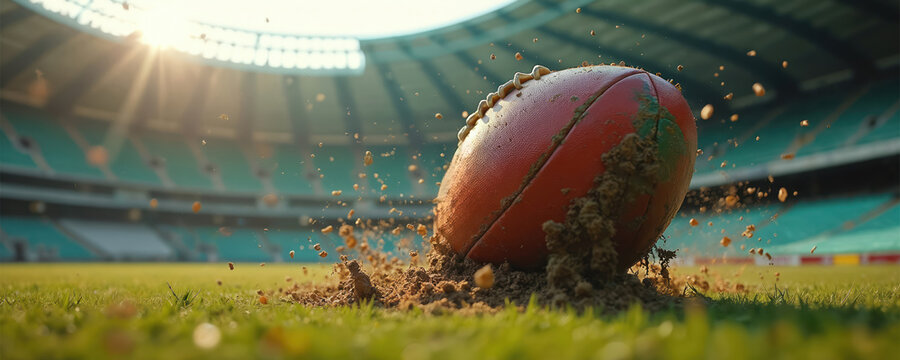 Illustration of Australian Rules Football in action at stadium. Muddy ball on green grass field, dirt, dust. Game day sport action, competition, speed, impact, energy. Stadium background.