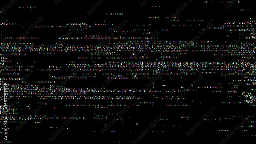 Poster Abstract video distortion with colorful pixel noise on a black screen. Glitch effect pattern for background design.