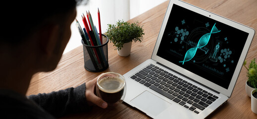 Medical science technology and futuristic healthcare virtual computer software analyze human health...