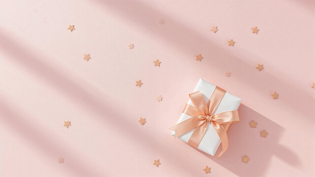 White gift box with peach ribbon and scattered stars present - Powered by Adobe