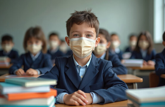 Young schoolboy wearing protective mask sits classroom. Children in medical masks during lesson. Elementary school kids at desks. Students in face masks. Education during Covid-19 pandemic. Back to