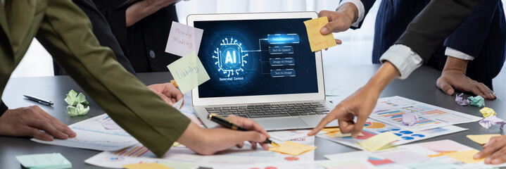 Analyst team use sticky note for creative and analytic brainstorm for business idea with BI data...