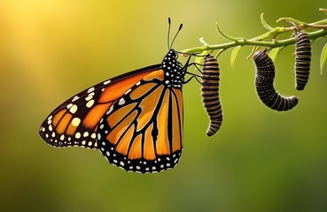 Fototapeta premium Monarch butterfly metamorphosis lifecycle stages., pupa, beautiful adult butterfly on plant, transform from chrysalis. Amazing wildlife animal transformation. Natural background, bright colours.