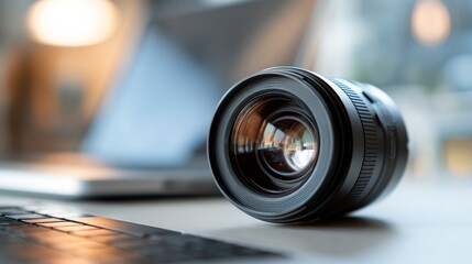 Camera lens on laptop captured in a close-up, part of photographerâ€™s setup