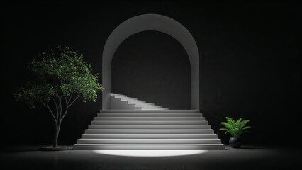 White staircase under arched doorway with plants archway minimalist