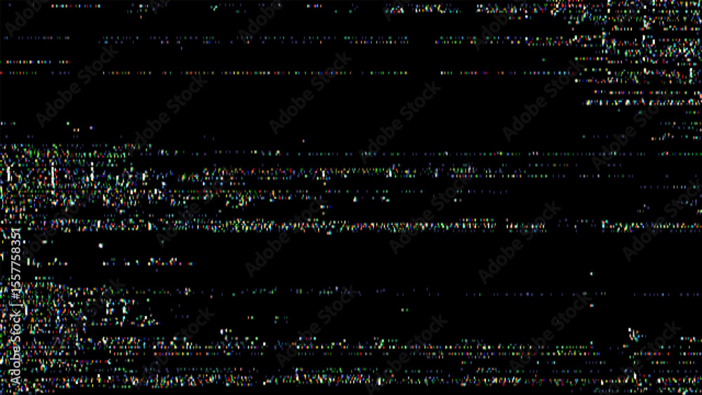 Poster Abstract multicolor glitch texture illustration. Retro video noise with static distortion. Digital screen problem background.