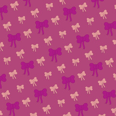 Seamless repeating pattern of bows. Bows in pink and purple on a purple background. Girlish pattern, cute children's pattern. Bows, girl, child.
