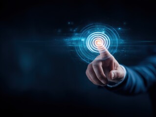 A hand in a suit interacts with a glowing digital interface, symbolizing futuristic technology and touch-based control systems.