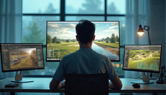 Specialist engineer monitors digital twin technology for environmental engineering. Man works at computer, software interface, analyzing data, innovation for sustainable construction. Server, coding,