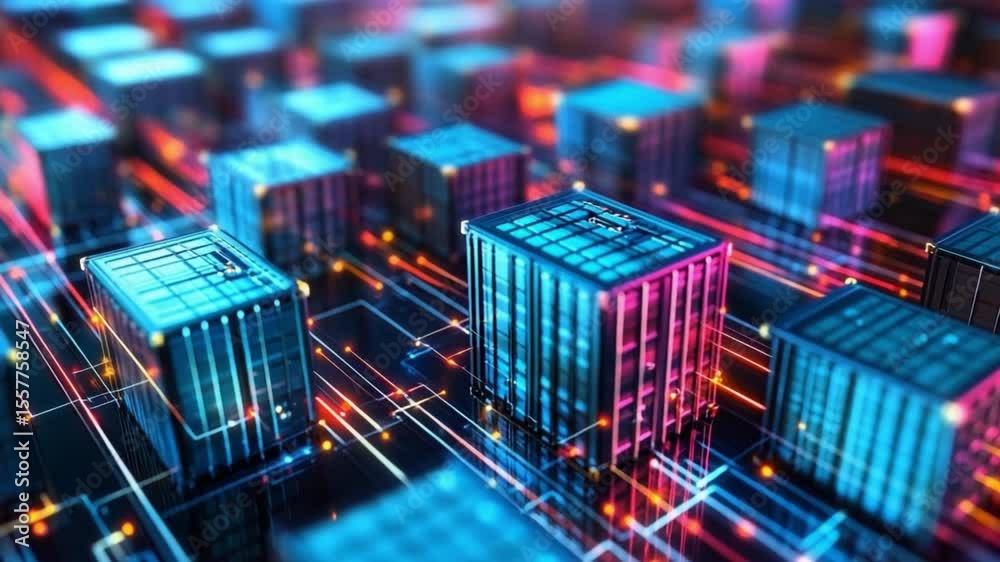 Poster Cyberpunk Block Network: A cyberpunk cityscape of glowing blocks interconnected by a complex network of vibrant lines.