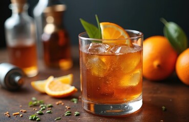 Classic cocktail with brandy, orange slice. Refreshing drink with ice, served in bar. Alcoholic beverage with citrus fruit, celebration party concept.
