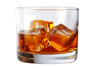  whiskey caramel glass of whiskey with ice cubes isolated on white background PNG, AI GENERATED