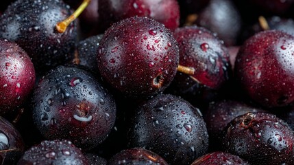 Close-up view showing wet acai berries as textured background