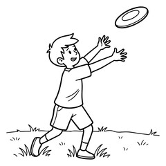 Line art illustration of a boy reaching for a flying disc outdoors