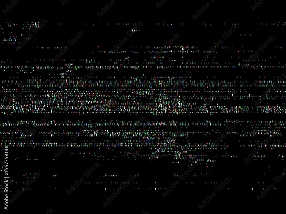 Poster Abstract VHS video signal glitch and noise on a dark background. Static distortion with colorful pixel elements. Digital error screen.