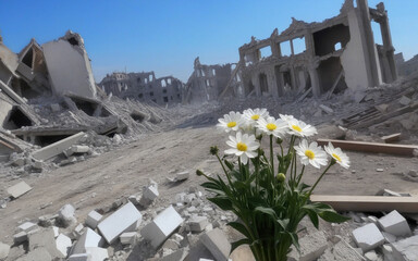 flowers against the backdrop of destroyed buildings, war